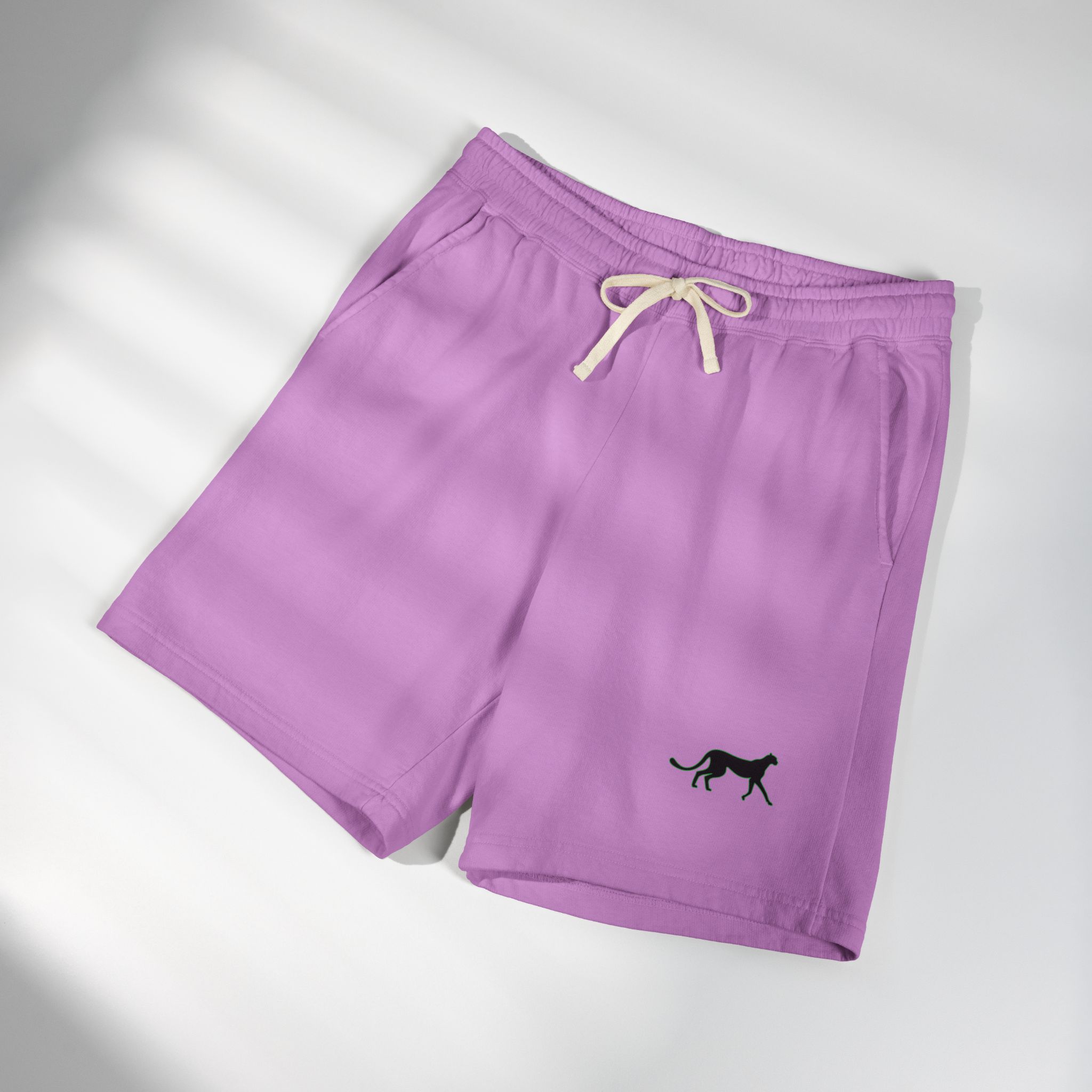 Lightweight Fleece Sweat Shorts Minimal Embroidered Cheetah Cat Lounge Shorts