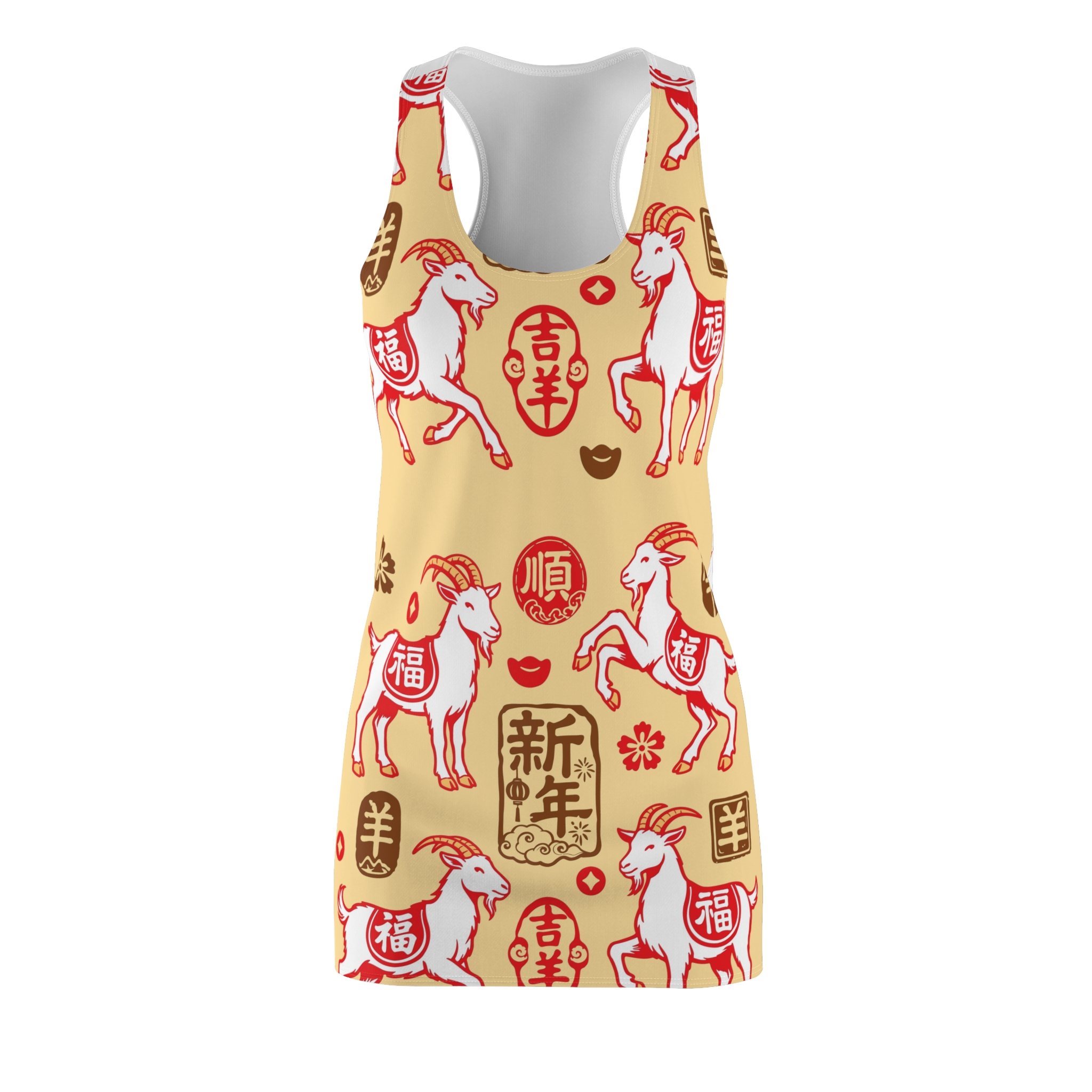 New Year Goat Racerback Dress Lucky Fu & Shun Symbols AOP